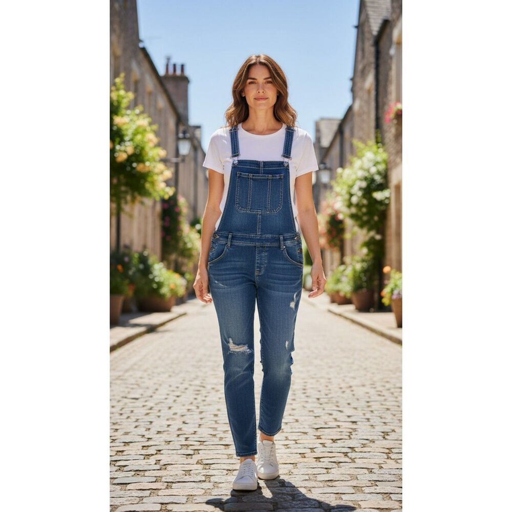 Wallflower Women's Jeans Stretch Denim Overalls  Distressed Size S  36x28.”